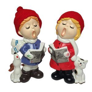 Lunds Lites - Christmas Carolers  Singing Boy & Girl with Red Fabric Hat VINTAGE